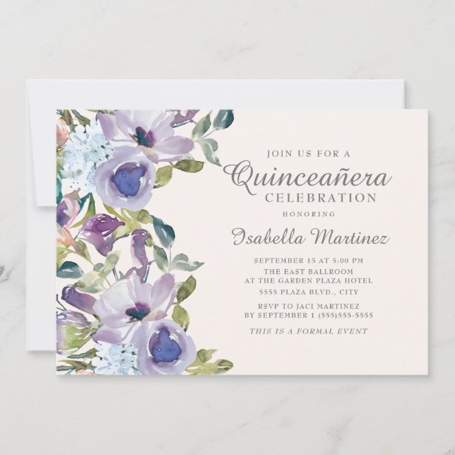 Invitation Elégant Lilac bleu Floral Horizontal Quinceañera (Devant)