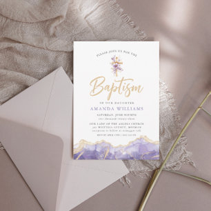 Invitation Elégant Lilac Gold Agate avec croix   Baptême
