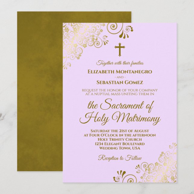 Invitation Élégant Lilac Purple Gold Mariage catholique moder (Devant / Derrière)