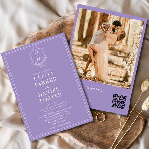 Invitation Élégant Lilac Purple Photo QR Code Crest Mariage