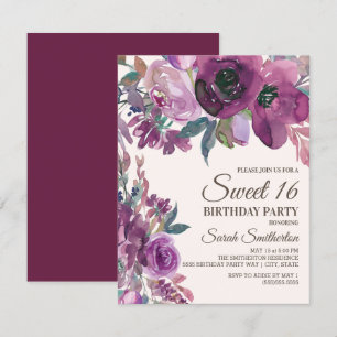 Invitation Élégant lilas prune pourpre floral script Sweet 16