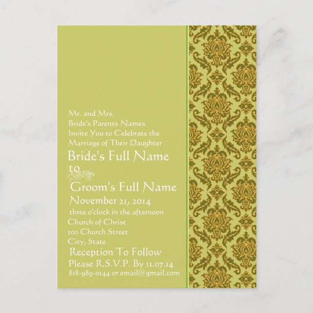 Invitation Elegant Lime & Gold Mariage damassé (Devant)