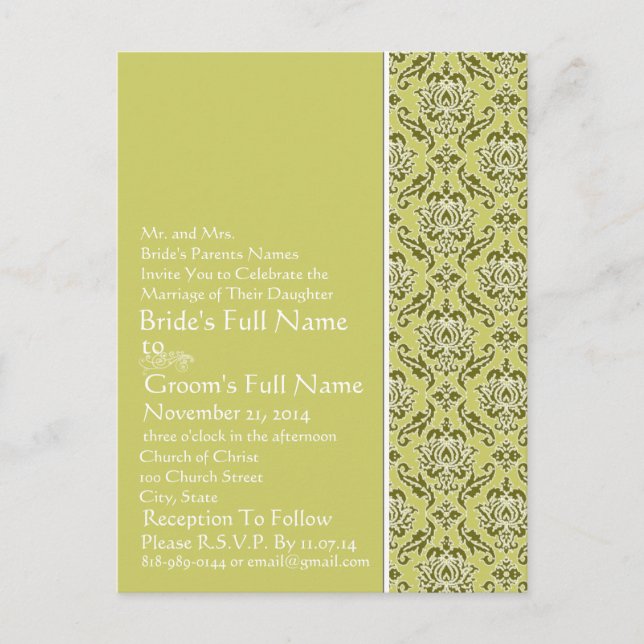 Invitation Elegant Lime & White Mariage damassé (Devant)