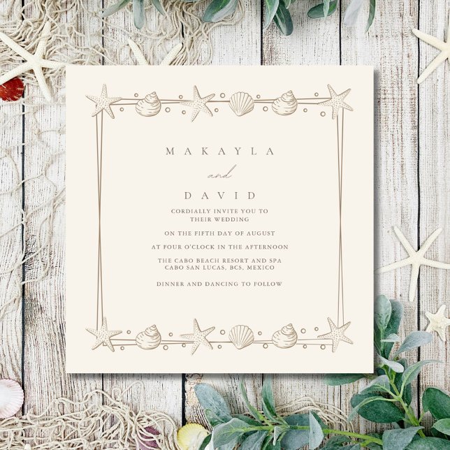 Invitation Elégant littoral bord de mer Seashell Beach Mariag (Elegant Coastal Seaside Seashell Beach Wedding Invitation)
