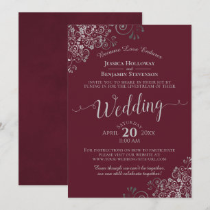 Invitation Élégant livestream Mariage Bourgogne et Argent