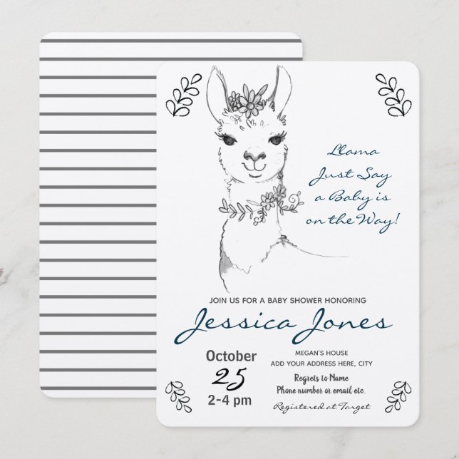 Invitation Élégant Llama Girl Baby shower rustique (Devant / Derrière)