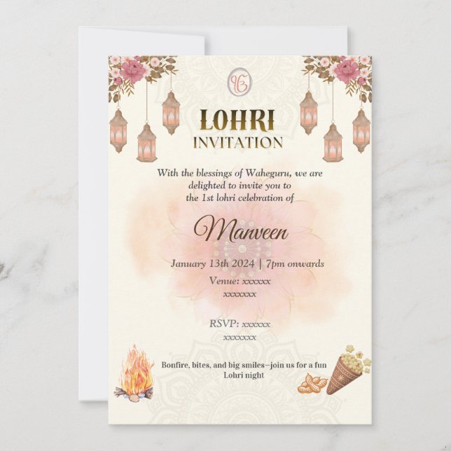 Invitation Elegant Lohri Invitation- Pastel, Minimalistic (Devant)
