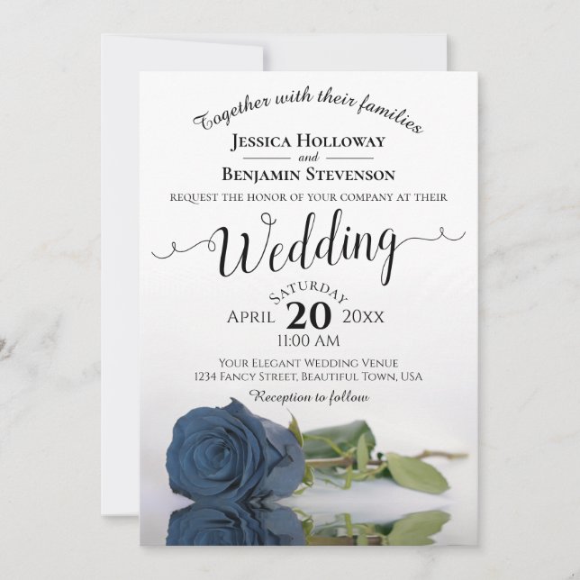 Invitation Elégant long Stemmed Dusty Rose bleu acier Mariage (Devant)