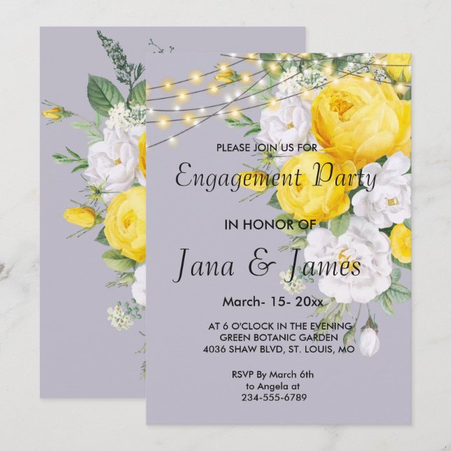Invitation Élégant lumières rustiques Fiançailles floral jaun (Devant / Derrière)