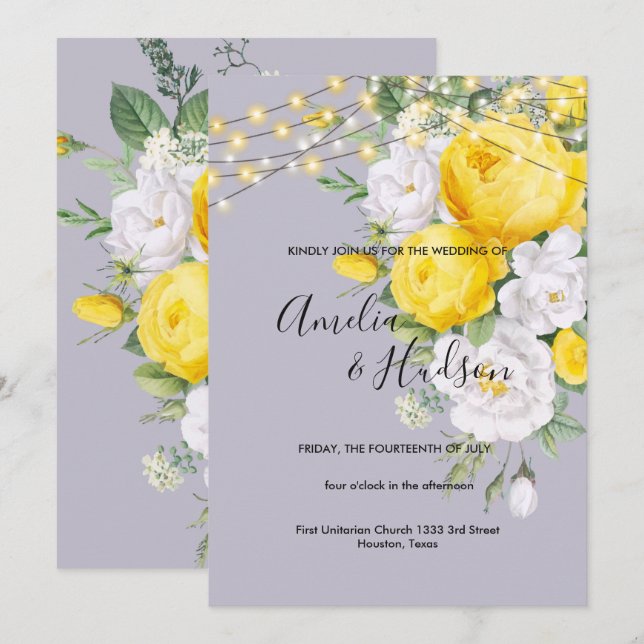 Invitation Élégant lumières rustiques mariage floral jaune (Devant / Derrière)