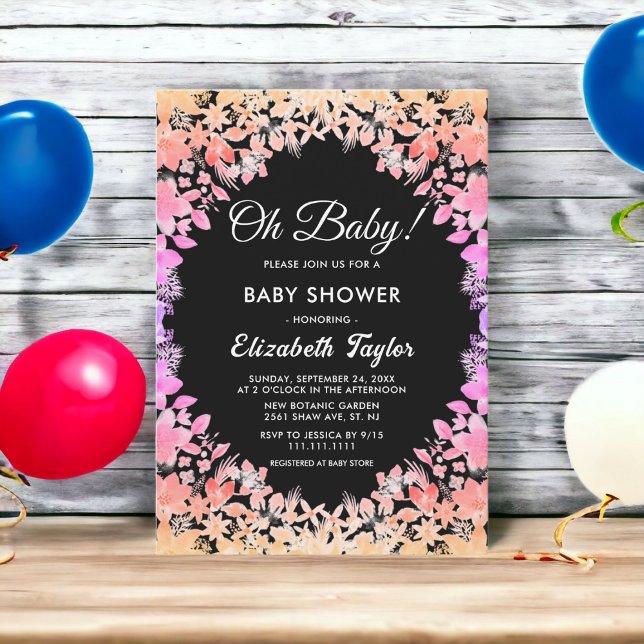 Invitation Élégant Lumineux Rose Black Floral Baby shower (Créateur téléchargé)