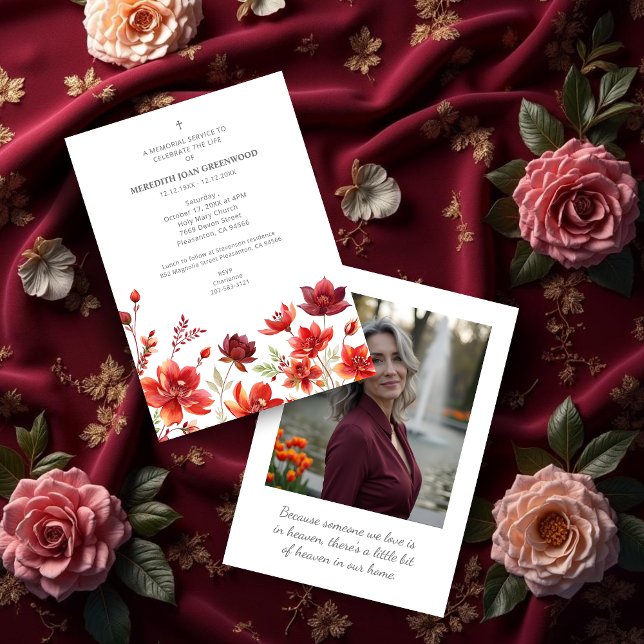 Invitation Elegant Lush Minimalist Floral In Dark Red Funeral (Elegant Lush Minimalist Floral In Dark Red Shades Funeral Invitations Cards with Back Photo. )