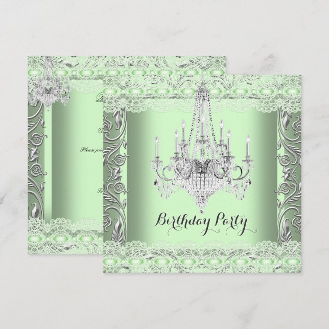 Invitation Elégant lustre en dentelle verte de Menthe fête d' (Devant / Derrière)