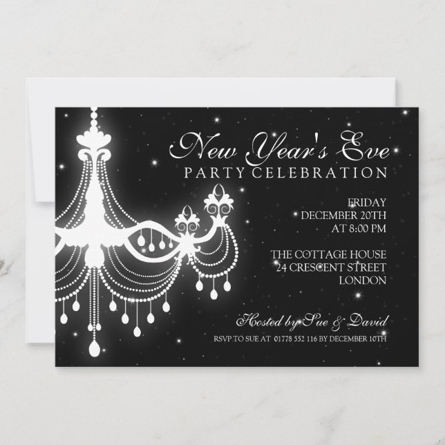 Invitation Élégant lustre noir du Nouvel An (Devant)