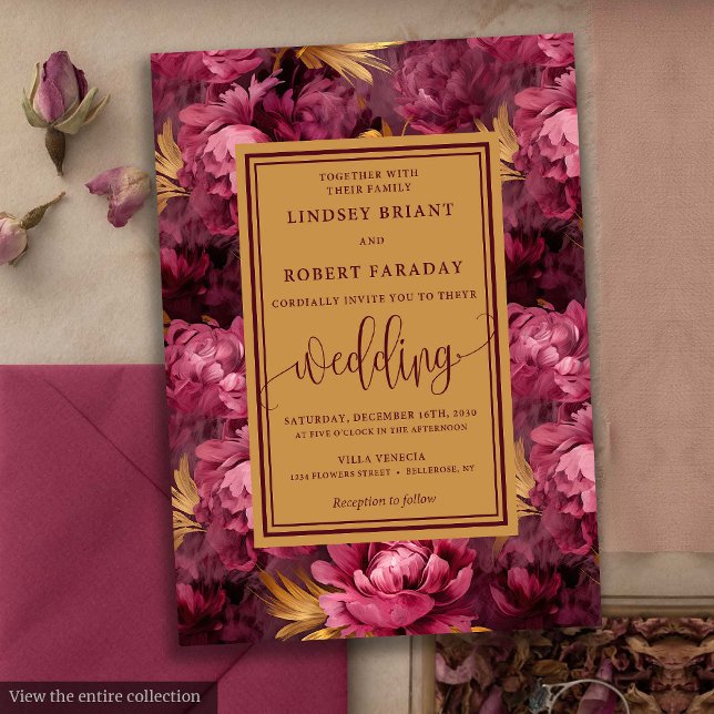 Invitation Élégant Lux Marsala Rose d'or (Stylish Lux Marsala Gold Roses Wedding Invitation)