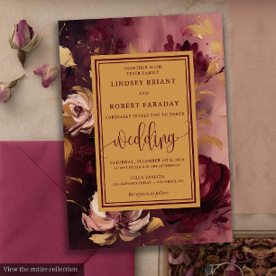 Invitation Élégant Lux Merlot Blush Gold Floral Mariage