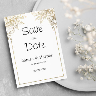 Invitation Élégant luxe blanc et or floral Enregistrer la dat