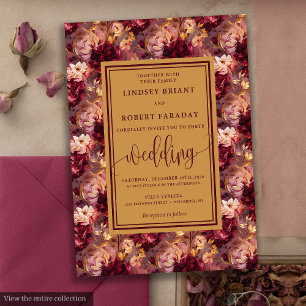 Invitation Elégant Luxe Bourgogne Gold Floral Wedding Invitat