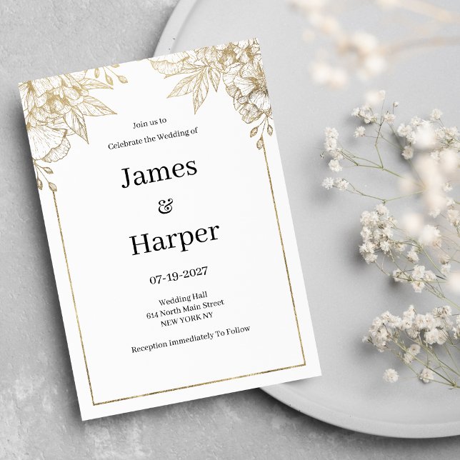 Invitation Élégant luxe Mariage floral blanc et or (Elegant luxury white and gold floral Wedding )