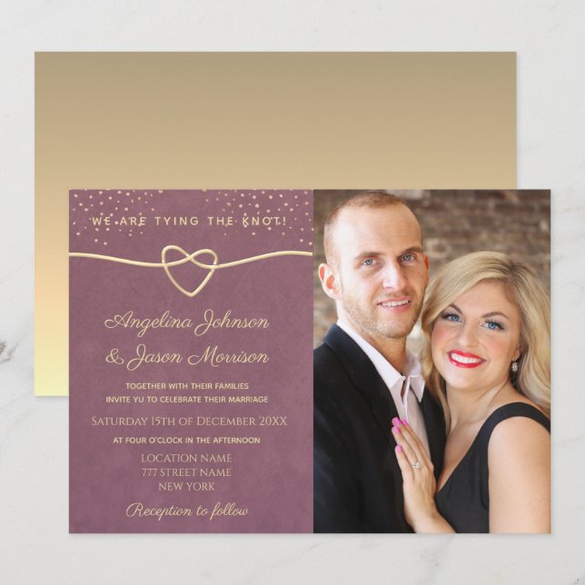 Invitation Elégant Luxe Purple Gold Confetti Mariage Photo (Devant / Derrière)