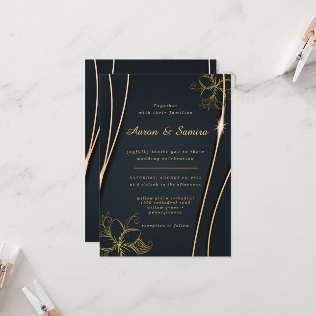 Invitation Élégant Luxueux mariage floral noir et or (Devant/Arrière en situation)