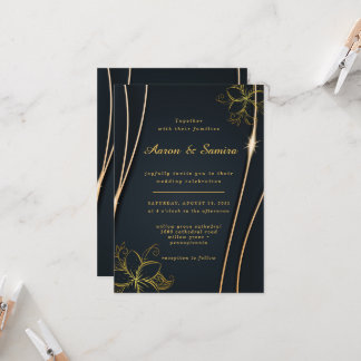 Invitation Élégant Luxueux mariage floral noir et or