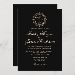 Invitation Elégant Luxury Gold Monogramme Mariage noir