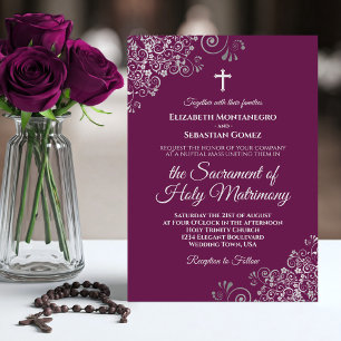 Invitation Élégant Magenta & Argent Mariage catholique modern