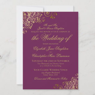 Invitation Élégant Magenta Plum & Gold Classy Mariage formel