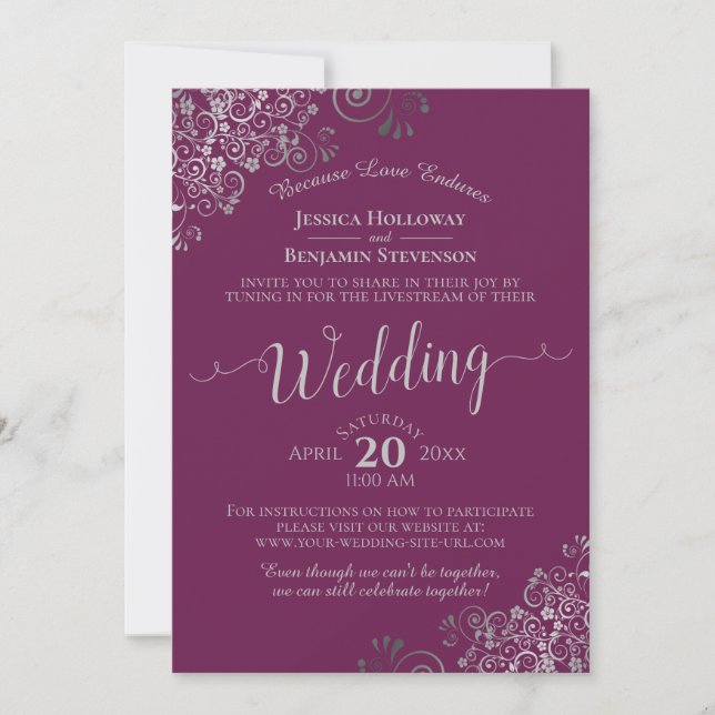 Invitation Élégant Magenta Plum & Silver Mariage Livestream (Devant)
