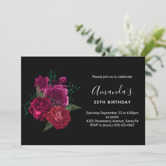 Invitation Elégant Magenta Rose Bouquet floral Anniversaire (Debout devant)
