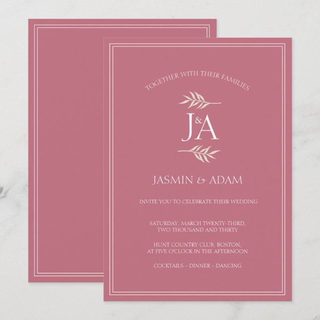 Invitation Élégant Magenta rose classique Initiales Mariage (Devant / Derrière)