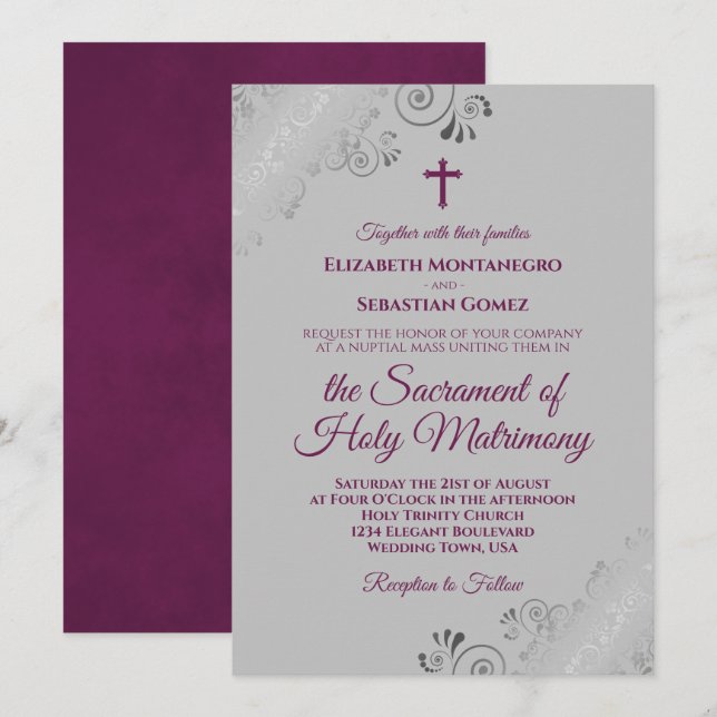 Invitation Élégant Magenta sur gris Mariage catholique modern (Devant / Derrière)