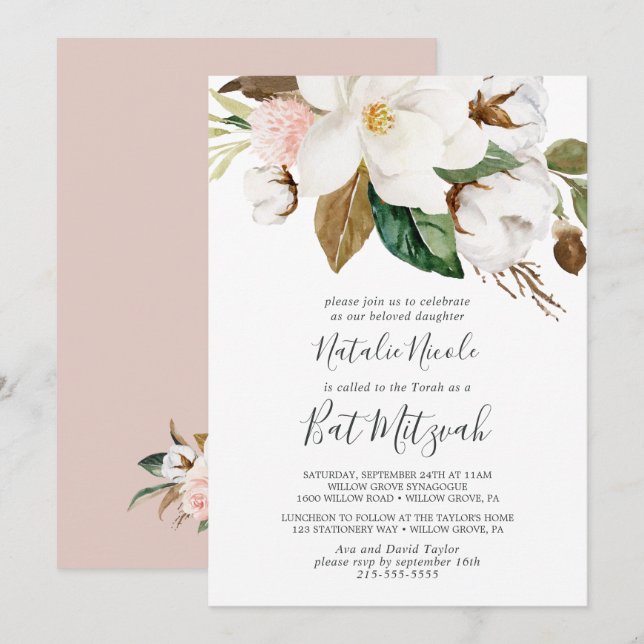 Invitation Élégant Magnolia | Bat mitzvah blanc et blanc (Devant / Derrière)