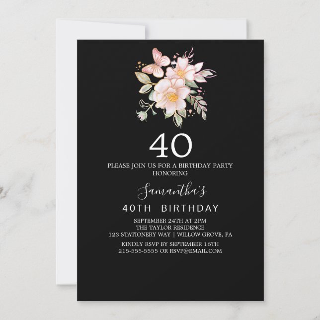 Invitation Élégant Magnolia | Black and White 40th Birthday (Devant)