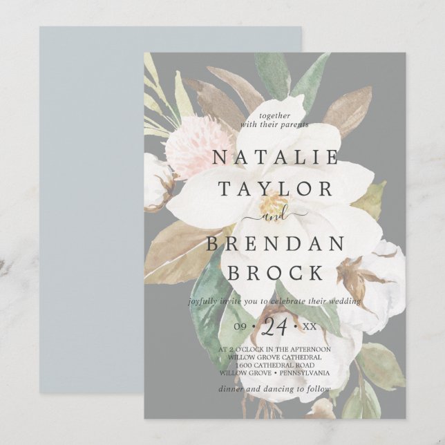 Invitation Élégant Magnolia | Black Faded Floral Mariage (Devant / Derrière)