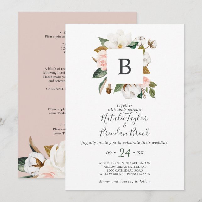 Invitation Élégant Magnolia Blanc & Blush Tout en un Mariage (Devant / Derrière)