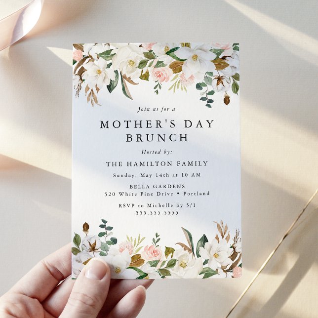 Invitation Elégant Magnolia Blush Floral Fête des Mères Brunc (Créateur téléchargé)