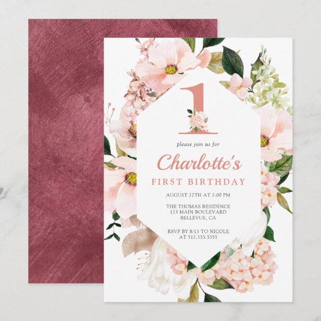 Invitation Elégant Magnolia Blush Rose Floral Premier Anniver (Devant / Derrière)