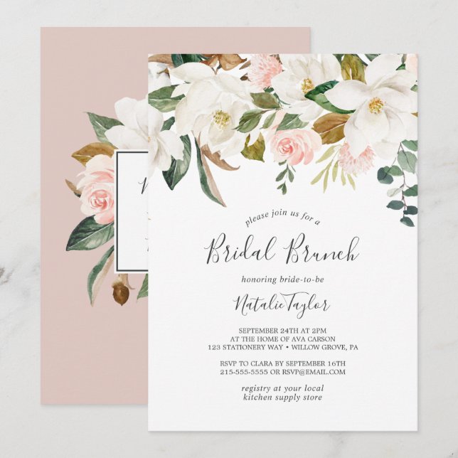 Invitation Élégant Magnolia | Brunch nuptial blanc et blanc (Devant / Derrière)