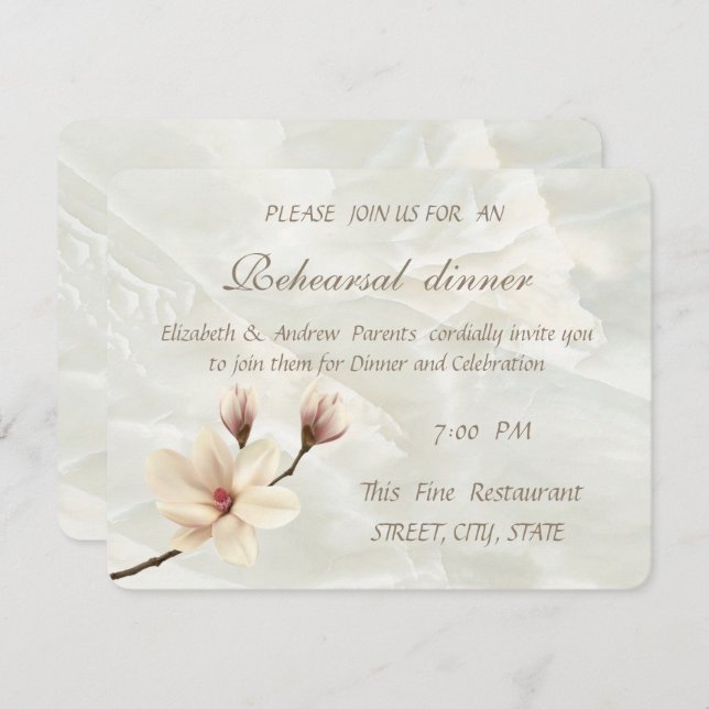 Invitation Elégant Magnolia, Dîner De Répétition Marbre blanc (Devant / Derrière)