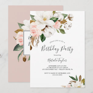 Invitation Élégant Magnolia Fête d'anniversaire blanche et
