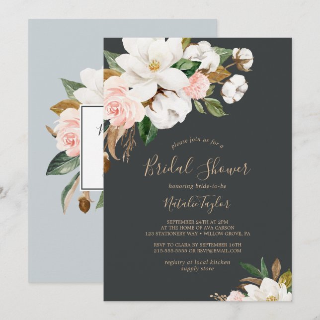 Invitation Élégant Magnolia | Fête des mariées noire et blanc (Devant / Derrière)