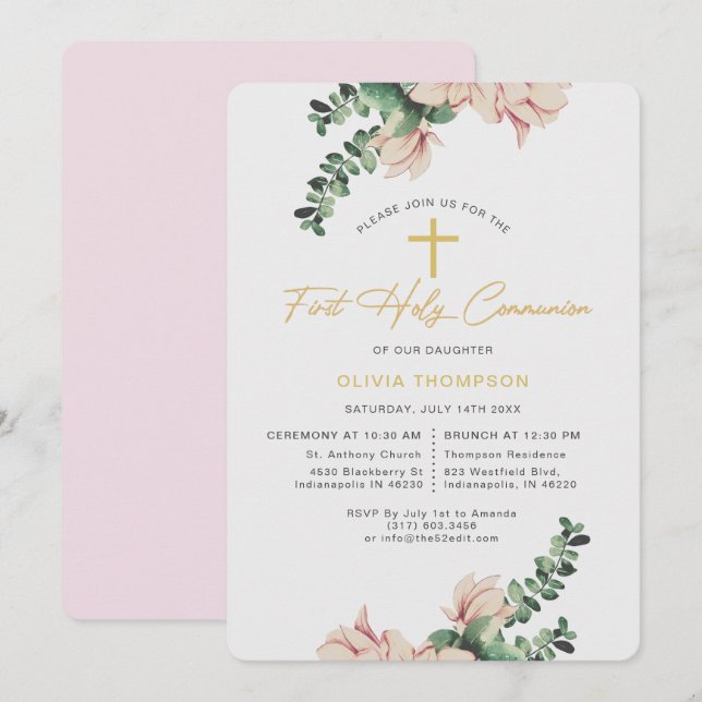 Invitation Élégant Magnolia Floral Blush première communion (Devant / Derrière)