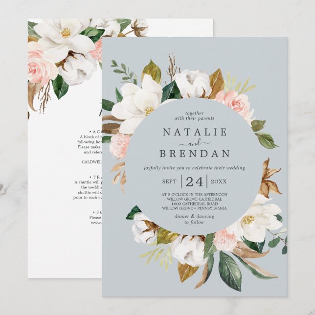 Invitation Élégant Magnolia | Mariage avant et arrière gris b (Devant / Derrière)