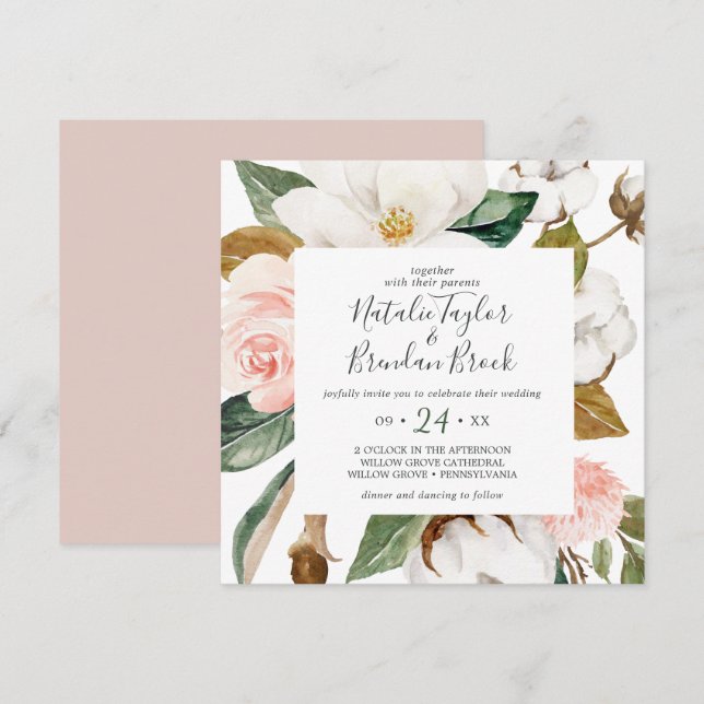 Invitation Élégant Magnolia | Mariage Carré blanc et blanc (Devant / Derrière)
