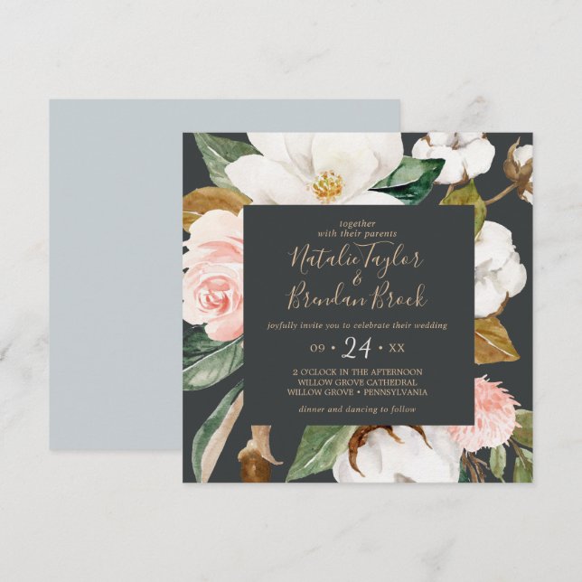 Invitation Élégant Magnolia | Mariage Carré noir et blanc (Devant / Derrière)