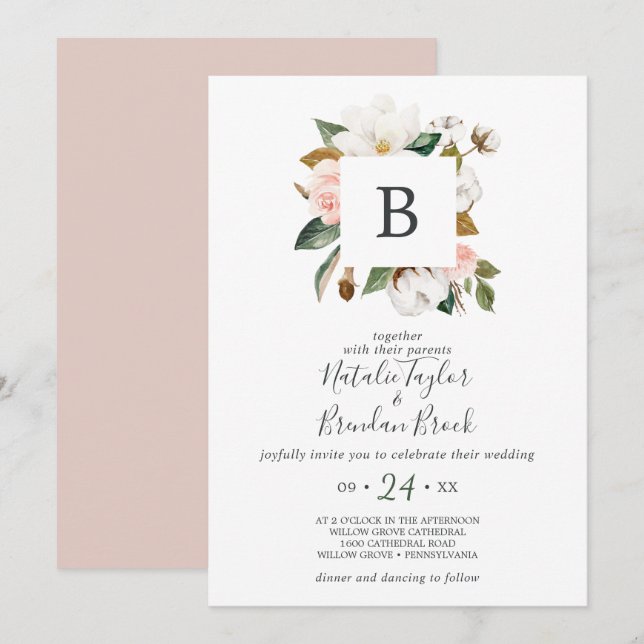 Invitation Élégant Magnolia | Mariage de monogramme blanc et  (Devant / Derrière)