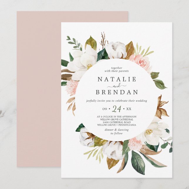 Invitation Élégant Magnolia | Mariage Décontracté blanc et bl (Devant / Derrière)