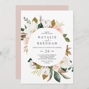 Invitation Élégant Magnolia Mariage Décontracté blanc et bl